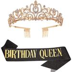 Birthday Crown and Sash for Women,Black "Birthday Queen" Sash & Rhinestone Tiara Set and Sashes for women's Birthday Decor