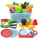 FunBlast Fruits and Vegetables Play Set Toys, Realistic Sliceable Cutting Pretend Play Kitchen Toys for Kids, Play Food Toys, Fruit Vegetable Toys, Chopping Board with Knife and Basket (16 Pieces)