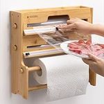 Navaris 3 in 1 Cling Film Dispenser with Cutter - Space Saving Kitchen Roll Storage and Foil Organiser - Bamboo Tin Foil and Clingfilm Holder with Utensil Area - Wall Mount Option