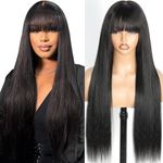 Junemet Human Hair Wig with Bangs Wear and Go Glueless Bone Straight Closure for Black Women 2X4 Lace Front Wigs Human Hair Brazilian Glueless Black Wig with Fringe Human Hair Wig 16 Inch