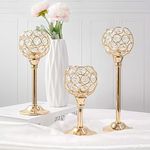 Kehail Crystal Metal Tealight Candlestick, Bling Bowl Candelabras, Tall Crystal Votive Candle Holders Elegant Crystal Candle Centerpiece for Dining Table Wedding Decor (Set of 3, Gold)