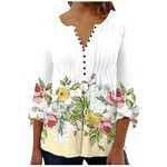 Generic Prime Deals of The Day Today only 3/4 Sleeve Shirts for Women Loose Fit Pleated Tops Floral Printed Graphic Tees V Neck Trendy Tops Cute Casual Work Blouses Yellow