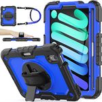 SEYMAC stock Case for iPad Mini 6th Generation 8.3'', [Full-Body] Drop Proof Armor Case with 360° Rotating Stand [Pencil Holder][Screen Protector] Hand Strap, Blue+Black