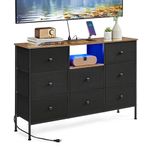 SONGMICS Chest of Drawers, Fabric Dresser with Power Outlets and LED Lights, 25 Colors, 8 Drawers, TV Stand for up to 60 Inch TVs, 11.8 x 47.2 x 31.3 Inches, Ink Black and Rustic Brown ULTS518B01