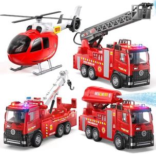 ORANGE OCEAN 4 Pcs Fire Truck Toys for 2 3 4 5 Year Old Boys, 9" Fire Truck Toy with Light, Sound & Sprinkler Pump, Trucks for Toddlers 2-4 Years, Birthday Gifts for 2 3 4 5 Year Old Boys