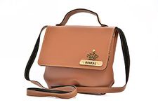 YOUR GIFT STUDIO Women Personalized Vegan Leather Sling Bag with name and charm. Latest Ladies Sling Bag (Tan)