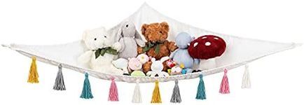 Mkono Toy Hammock Stuffed Animal Hanging Macrame Stuff Animals Organizer Storage with Colorful Tassels Boho Large Corner Toys Net Holder for Nursery Play Room Bedroom Kid Room, White 47"x47"x63"