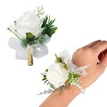 Corsage Wristlet, White Rose Wrist Flowers and Men's Corsage Set, 2Pcs Boutonniere and Wrist Corsage Bracelet Wristband Roses for Wedding Flowers Accessories Prom Suit Decorations