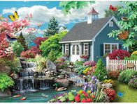 Bits and Pieces - 1000 Piece Jigsaw Puzzle for Adults - Dream Landscape – Puzzle Measures 51cm x 69 cm - 1000 pc Spring Scene Flower Garden Stream Nature Cottage Birds Jigsaw by Artist Alan Giana