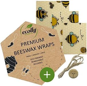 ecolly Involucri di cera d'api - Set di 3 (S, M, L), Salviette di cera d'api, Carta di cera d'api, Premium Beeswax Wraps, Plastica libera e riutilizzabile, senza olio di jojoba - Funny Bees