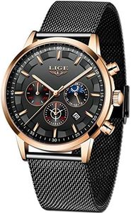 LIGE La Moda Relojes Hombre Negocios Impermeable Cuarzo simulado Reloj Fase Lunar Negro Acero Inoxidable Cinturón de Malla Relojes de Pulsera