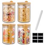 Rongbaor 4 Pack Glass Jars with Airtight Bamboo Lid and Spoon,530ml Overnight Oats Jars,Kitchen Spice Jars Storage Containers,With Waterproof Label and Marker Pen for Home Storage Cookie Candy Coffee