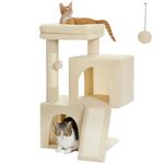 PETEPELA Cat Tree 77cm with Dual Condos for Indoor Cats, Small Cat Tower with Removable Perch and Scratching Posts Pad, Beige