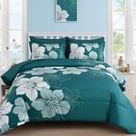 Luxudecor Floral Comforter Set King Size, 7 Pieces Bed in a Bag Teal Floral Comforter and Sheet Set, Soft Microfiber Teal Blue Complete Bedding Sets for All Seasons