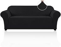 H.Versailtex 1 Piece High Stretch Sofa Cover for 3 Cushion Couch Soft Spandex Form Fit Slip Resistant Stylish Furniture Protector with Elastic Bottom Sofa Slip Cover Protector (3 Seater-Sofa, Black)