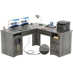 Unikito L Shaped Desk with Drawers, 60 Inch Corner Computer Desks with USB Charging Port and Power Outlet, Large L-Shaped Office Table, 2 Person Home Office Desk with Storage Cabinet, Black Oak