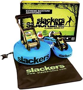 Slackers USA Slackline Classic 15m, Set with Additional Teaching Line, Handrail for Easy Learning, Ratchet Protection, Bag, Ideal for Children and Family, 980010