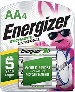 Energizer Rechargeable AA Batteries, Recharge Universal AA Battery Pre-Charged, 4 Count