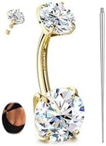 GEMQUEEN Gold Belly Button Ring - Moissanite G23 TItanium Hypoallergenic Internally Threaded Belly Rings 14G Navel Piercing Jewelry For Women Men simulated damond