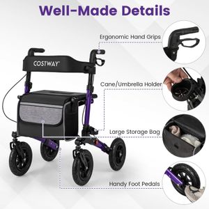 COSTWAY Folding Rollator Walker – Adjustable Seat, All-Terrain Tires, Purple