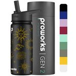 Proworks Gen 2 Insulated Water Bottles With Straw Lid, 1L Stainless Steel Water Bottle, 24 Hours Cold, 12 Hours Hot Drinks, Metal Leakproof Flask For Gym, Travel - Jet Black - Celestial