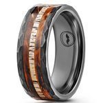 Men's Tungsten Carbide Wedding Band - Premium Grade Black Hammered Ring (Whiskey Barrel Wood & Deer Antler Inlay) - Includes Silicon Band, Leather Drawstring Pouch, & Luxury Walnut Ring Box, Tungsten