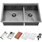 32 Undermount Black Double Bowl Kitchen Sink, Scamall 32x19 Inch 16 Gauge Nano Black Stainless Steel 60/40 Undermount Double Bowl Kitchen Sink with Low Divider SM022SBG-3219