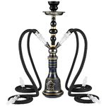 Hookah Set 4 Hose Hookah Shisha Set Complete Hookah Accessories Narguile Glass Vase, Ceramic Bowl and Coal Tongs Ashtray for Better Shisha Hookah Narguile Smoking (4 Hose Black)