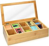 Navaris Bamboo Tea Box - Chest Organiser with 10 Compartments for Tea Bags - Wooden Case Container with Transparent Lid for Individual Tea Bag Storage