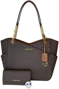 Michael Kors Jet Set Travel Large Chain Shoulder Tote bundled Jet Set Travel Trifold Wallet and Purse Hook, 2021 Signature Mk Brown, Large