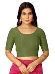 Jaanvi fashion Round Neck Dobby Cotton Lycra Stretchable Elbow Sleeve Readymade Saree Blouse for Women Stylish (cotton-dobbi-army-green-2xl)