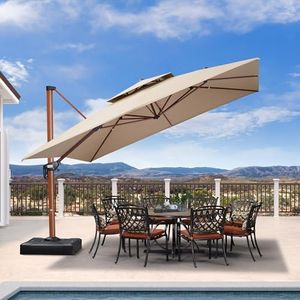 PURPLE LEAF 12' X 12' Patio Large Cantilever Umbrella Outdoor Wood Umbrellas Offset Umbrella Heavy Duty Sun Umbrellas for Garden Deck Pool, Heather Beige