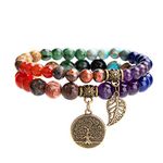 Farfume Chakra Bracelets for Women - Crystals Bracelet Women Natural Gemstones Yoga Reiki Bangle- A Set of Double Bracelets（Chakra Chakras Bracelet & LifeTree（Medium）