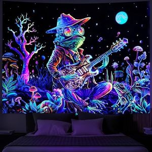 Galoker Blacklight Frog Tapestry Fantasy Neon Mushroom Tapestry UV Reactive Plant Floral Wall Tapestry Galaxy Space Tapestry Wall Hanging for Home Decor(H51.2×W59.1 inches)