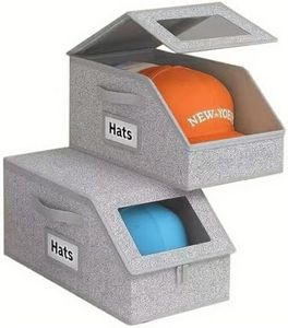 YICKHEWEN 2 Pack Hat Organizer Box for Women & Men, Foldable Storage Box with Clear Lid for Baseball, Cowboy Caps, Stackable Clear Hat Organizer, Store up to 28 Caps, Grey