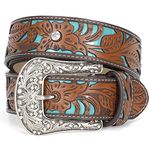 JASGOOD Men Women Western Leather Belt Cowhide Engraved Belt Western Cowboy Cowgirl Country Belt with Retro Buckle for Jeans Dresses Brown M