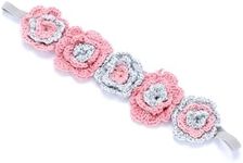Peppercorn Kids Girls Elastic Flower Crown Headband (Age 3-8 Years) - Unique Design, Artisan Knit Hairband for Toddlers and Young Girls- Silver/Pink
