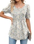 iWoo White Shirts for Women Crew Neck Smocked Summer Blouse Tops Casual Short Sleeve Tunic Shirts Floral Printed Blue Flower XL (UK 18-20)