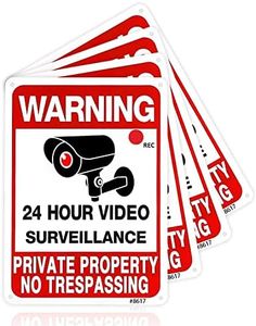 4 Pack No Trespassing Signs Private Property, Metal 24 Hour Video Surveillance Signs for Home and Outdoor, Aluminum 7*10 inchs, Warning Signs for Property,Security Camera Sign for Yard and Home (8617)