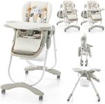 COSTWAY High Chair for Babies and Toddlers, Adjustable & Folding Baby Highchair with Lockable Wheels, Removable Double Trays, 5 Point Harness, Storage Basket (White)