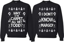 wild custom apparel Why is The Carpet All Wet Todd IDK Margo Couples Ugly Christmas Sweatshirt Sweater, Black and Black Todd and Margo, 1