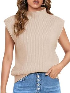 Himosyber Women's Solid Sleeveless Vest Elegant High Neck Stretchable Cap Sleeve Knit Sweater Tops (Khaki-S)