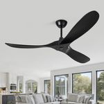 EKIZNSN 52" Outdoor/Indoor DC Ceiling Fan without Light - Propeller Style Solid Wood Blades, Remote Control, Black Finish - Ideal for Patio, Porch, Living Room, Bedroom