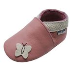 Mejale Baby Shoes Soft Sole Leather Crawling Moccasins Cartoon Butterfly Infant Toddler First Walker Slippers(12-18 Months, Pink)