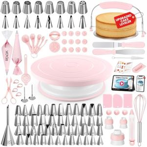 RFAQK 165PCs Cake Decorating Kit, Baking Supplies Tools - Includes Cake Stand Turntable, 64 Icing Piping Tips Set, 2 Frosting Spatulas, 3 Scrapers, 55+2 Pastry Bags, Complete Video Course, Booklet