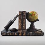 Pair of World Map & Telescope Bookends Heavy Vintage Style Ideal for Office