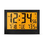 Marathon Jumbo Atomic Wall Clock with Automatic Backlight and Wall Adapter, Black - Large 15-Inch Display - AM/PM or 24-Hour Time, 8 Time Zones, Indoor Temp, Day & Date - 4 AA + 4 C Batteries Included