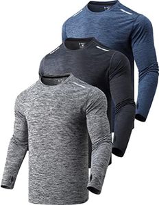 3 Pack: Men's Long Sleeve T Shirts, Dry Fit UV Sun Protection Outdoor Hiking Athletic Active Tops with Thumb Holes, Heather Navy/Black/Dark Grey, Small