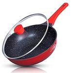 INTIGNIS Pro Non Stick Stir Fry Pan with Lid, Wok Pan 30cm Induction Gas Electric Hobs, Chemical Free Cooking Pot Stay Cool Handle (Red)