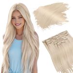Ugeat Real Hair Extensions for Women Clip in Platinum Blonde Hair Extensions Double Weft Human Hair Clip in Extensions Blonde Clip in Hair Extensions for Wedding 22 Inch 120g 7pcs